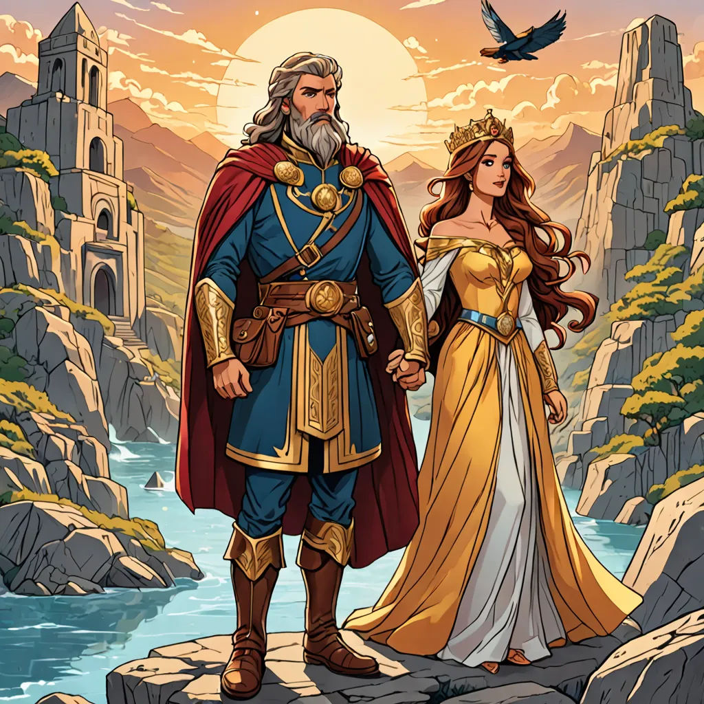 a man and woman dressed in medieval clothing standing on a rock overlooking a river and castle with a bird flying overhead, fantasy art, a storybook illustration, Christophe Vacher, official art