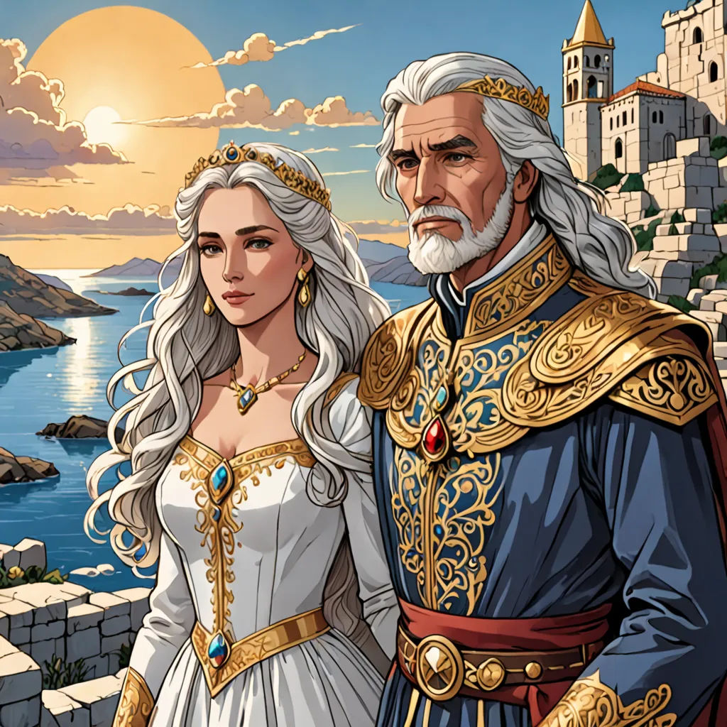 a man and a woman in medieval dress standing next to each other in front of a castle overlooking the ocean, fantasy art, a storybook illustration, Altoon Sultan, official art