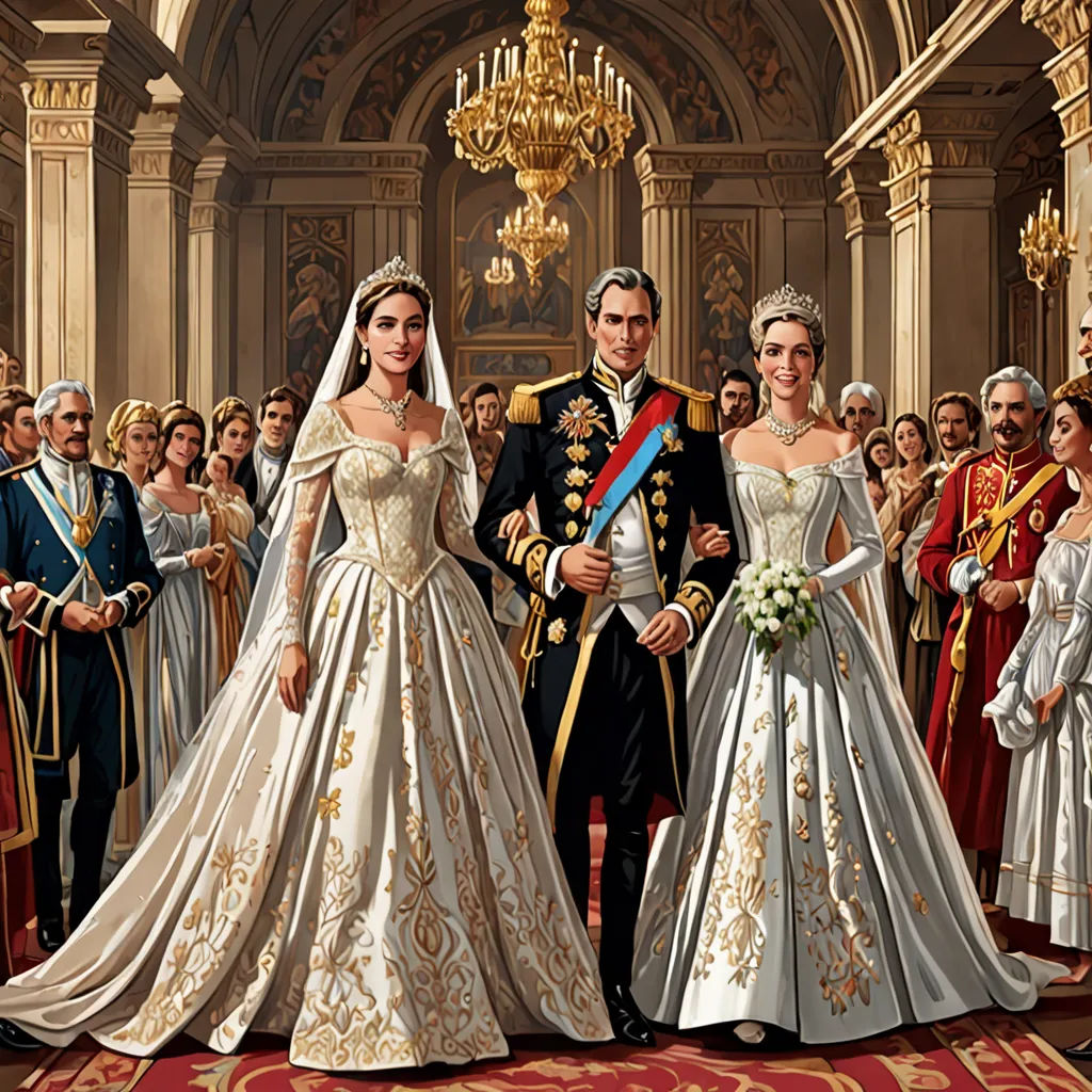 a painting of a couple in wedding attire standing in front of a crowd of people in formal dress and tiaras, photorealism, a detailed painting, Edward Otho Cresap Ord, II, highly detailed oil painting