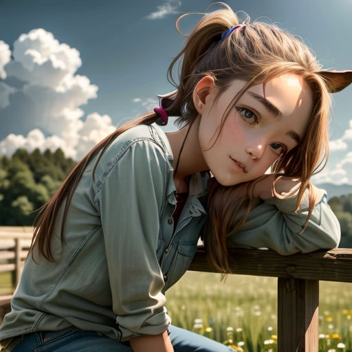 a girl sitting on a bench in a field of flowers with her head resting on her hand on her shoulder