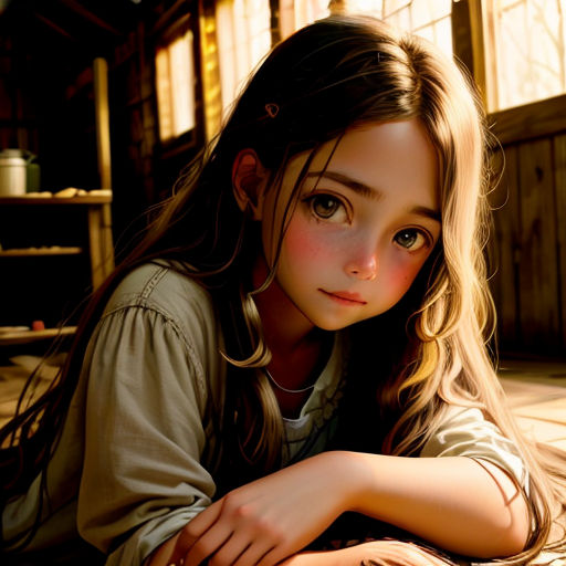 a girl laying on the ground with her arms crossed and her eyes closed, looking at the camera, with a wooden building in the background