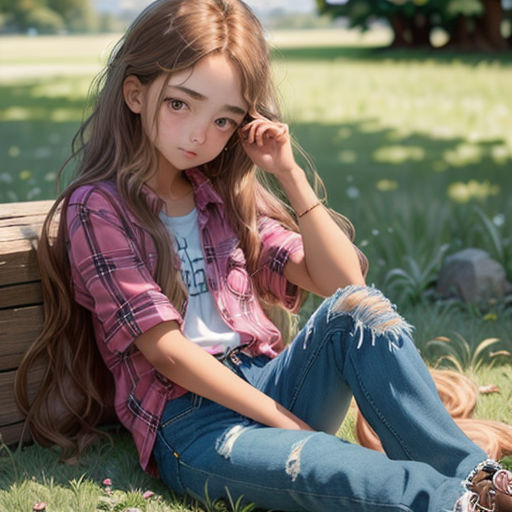 a girl sitting on a bench in a park with her hand on her face and her hair in the wind