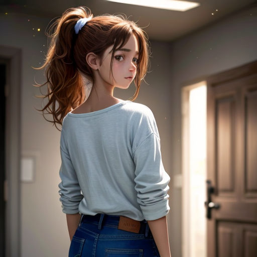 a girl with a ponytail standing in a room with a door and a door way behind her is looking at the door
