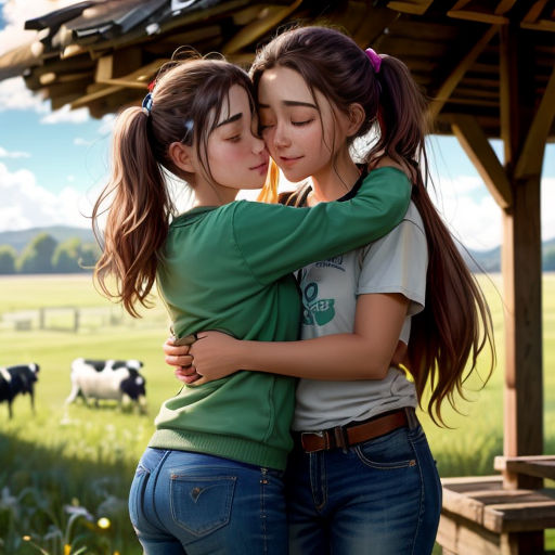 two girls hugging each other in front of a herd of cows in a field of grass and flowers,