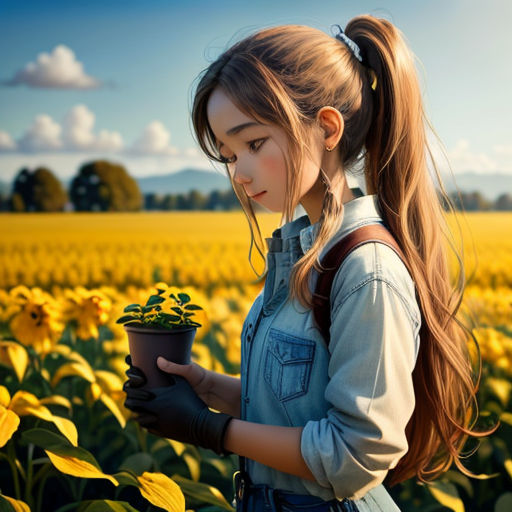 a girl holding a potted plant in a field of sunflowers with a sky background and clouds