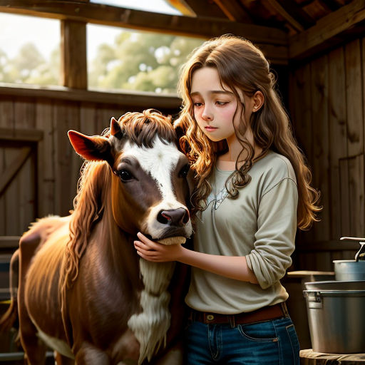 a girl is petting a cow in a barn with a bucket of milk in front of her and a cow in the background
