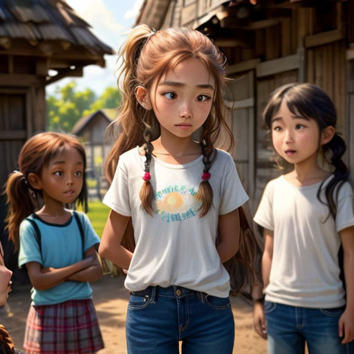 a group of young girls standing next to each other in front of a wooden building with a small wooden roof