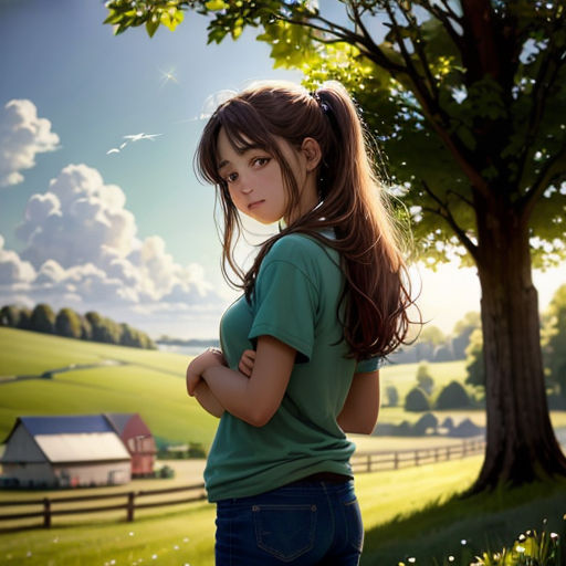 a girl standing in a field with a tree in the background and a house in the background with a fence