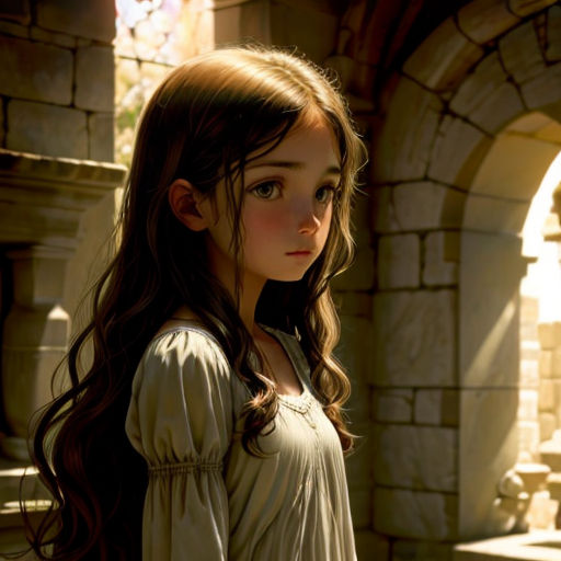 a young girl with long hair standing in front of a stone archway and looking at the camera with a serious look on her face