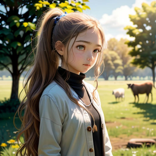 a girl standing in a field with cows in the background and a tree in the foreground with a sky background
