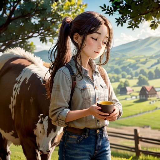 a girl is standing in front of a horse and holding a bowl of food in her hands and looking at the ground