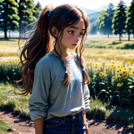 a girl with long hair standing in a field of sunflowers and looking at the camera with a ponytail