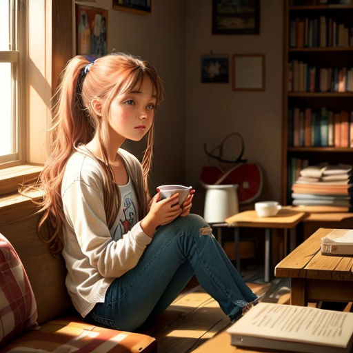 a girl sitting on a couch looking at her cell phone and reading a book in a library with a bookcase in the background