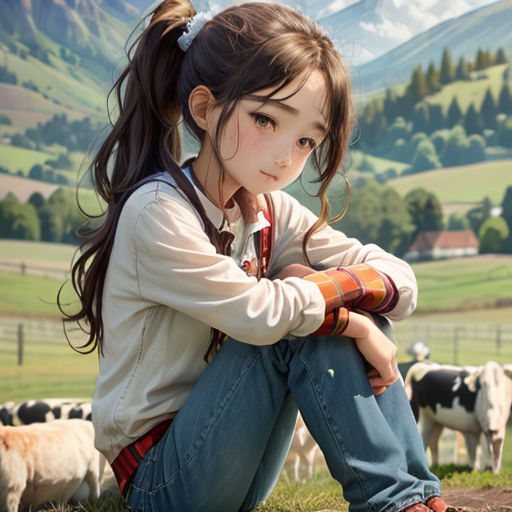 a girl sitting on the ground in front of a herd of cows in a field with mountains in the background