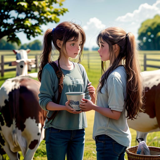 two girls standing in front of a cow in a field with a cup of milk in their hands and a cow in the background