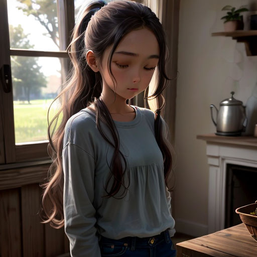 a young girl standing in front of a window looking down at a bowl of food on a table next to a window
