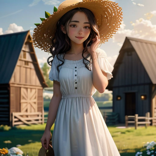 a woman in a white dress and straw hat standing in a field with a barn in the background and a blue sky