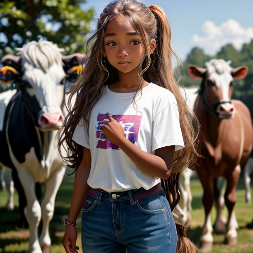 a girl standing in front of a herd of cows in a field of grass with trees in the background