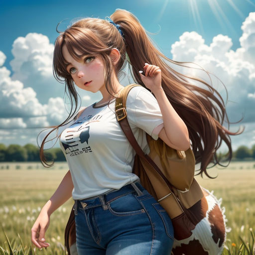 a girl with long hair walking through a field of grass with a cow behind her back to the camera