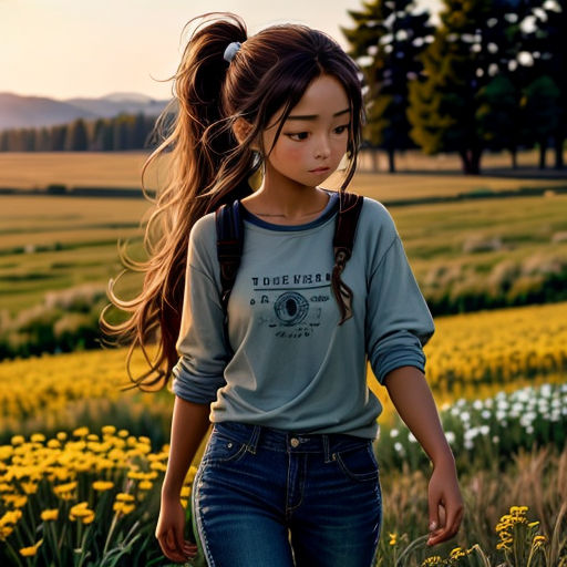 a girl walking through a field of flowers with a backpack on her back and a sun in the background