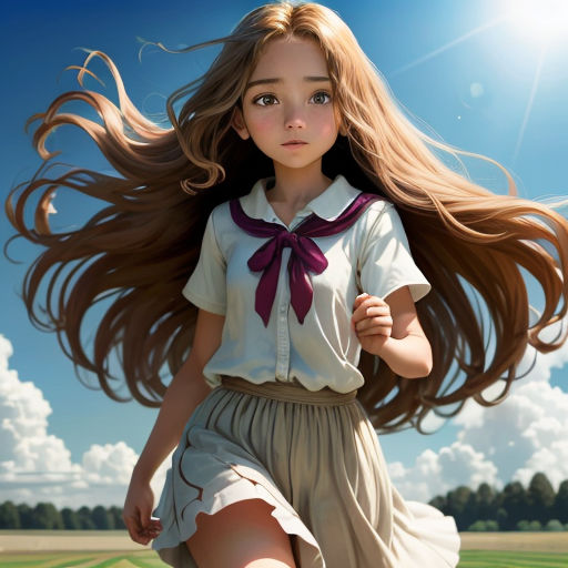 a girl with long hair running through a field of grass with a blue sky in the background and sun shining