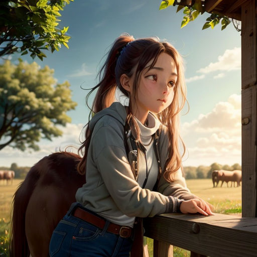 a girl leaning on a fence with a horse in the background and a field of cows in the background