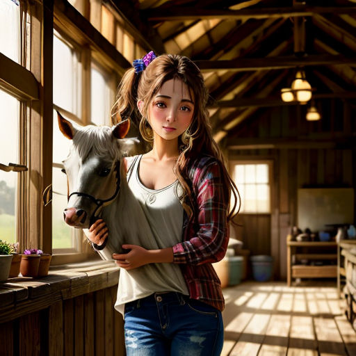 a girl holding a toy horse in a barn with a window and a wooden floor and a wooden ceiling