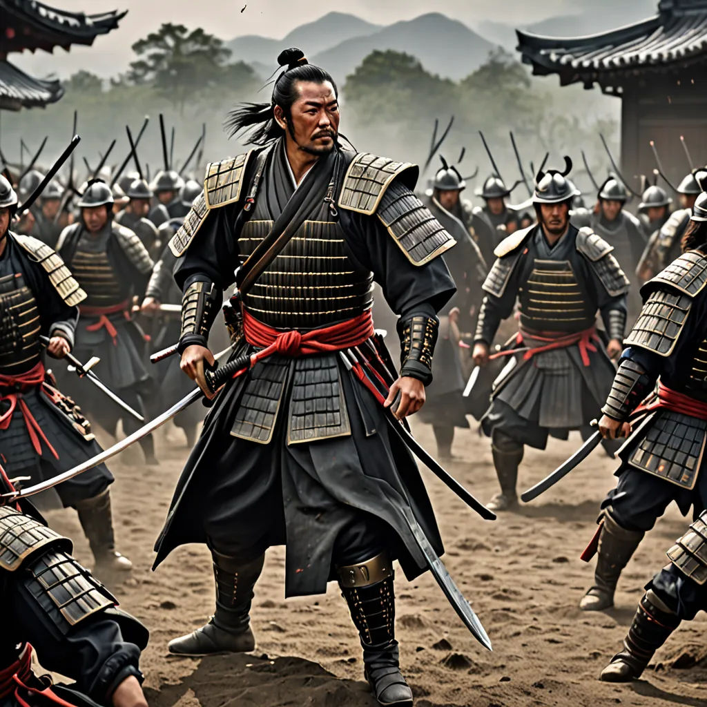 a group of men in armor standing on a dirt field with swords in their hands and wearing helmets and holding swords, dau-al-set, a detailed matte painting, Baiōken Eishun, movie still