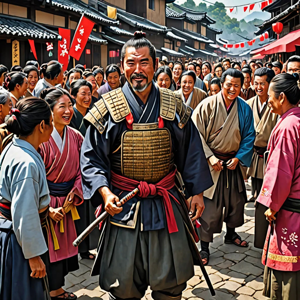 a man in a costume standing in front of a crowd of people with a sword in his hand and a woman in a kimono, dau-al-set, a character portrait, Baiōken Eishun, movie still