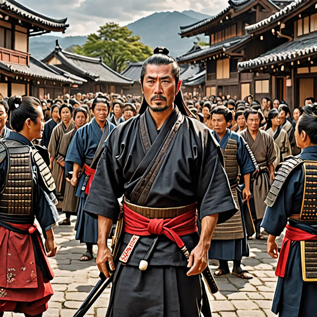 a man in a black and red outfit standing in front of a crowd of people with a sword in his hand, dau-al-set, a poster, Baiōken Eishun, movie still