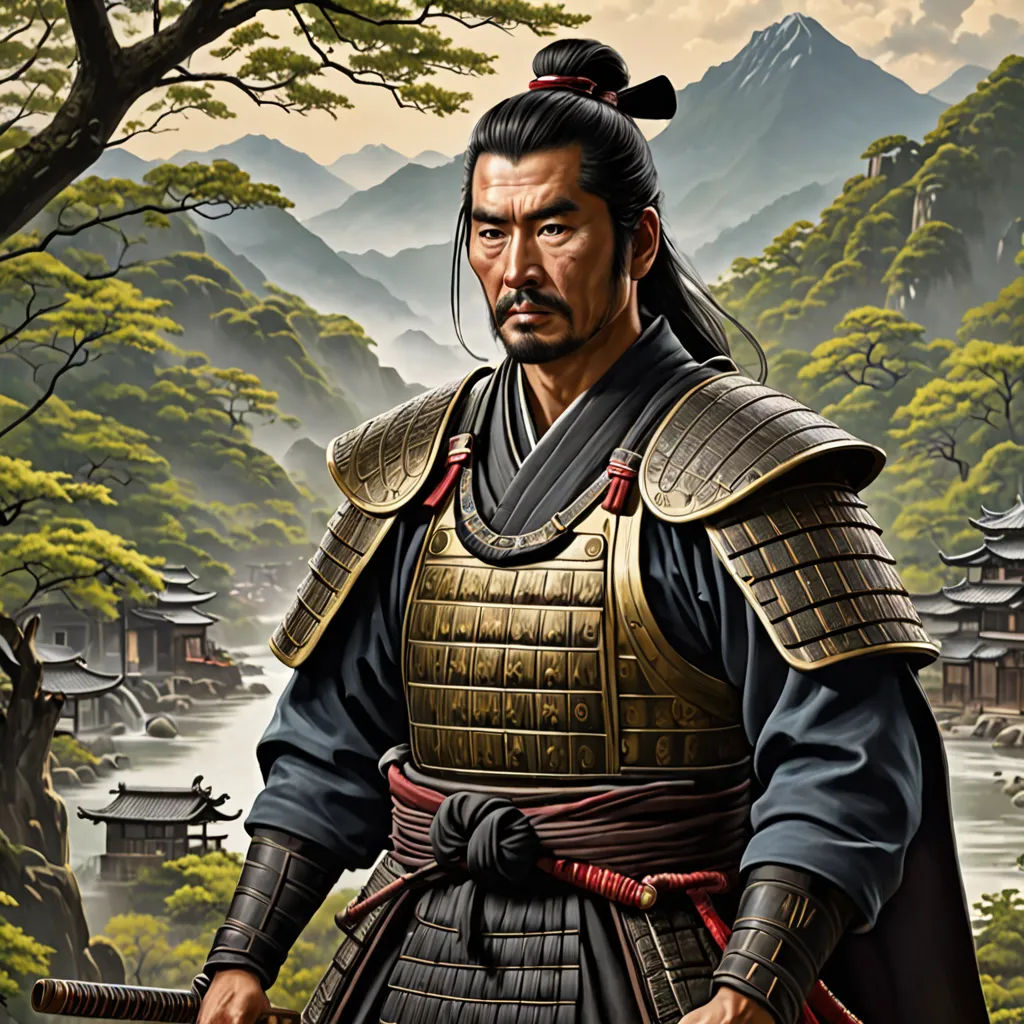 a painting of a man in a japanese costume holding a sword and wearing a helmet with a mountain in the background, ukiyo-e, a detailed matte painting, Emperor Huizong of Song, highly detailed digital painting