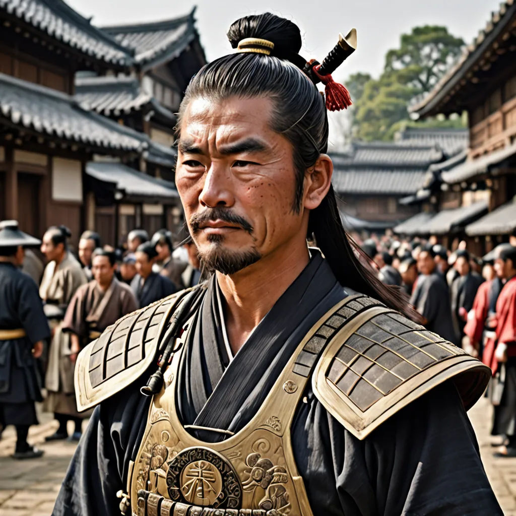 a man in a traditional japanese costume standing in front of a crowd of people in a courtyard of a building, dau-al-set, a character portrait, Emperor Huizong of Song, movie still