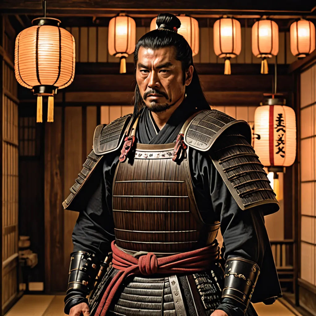 a man in a samurai costume standing in a room with lanterns hanging from the ceiling and lanterns hanging from the ceiling, dau-al-set, a character portrait, Baiōken Eishun, movie still