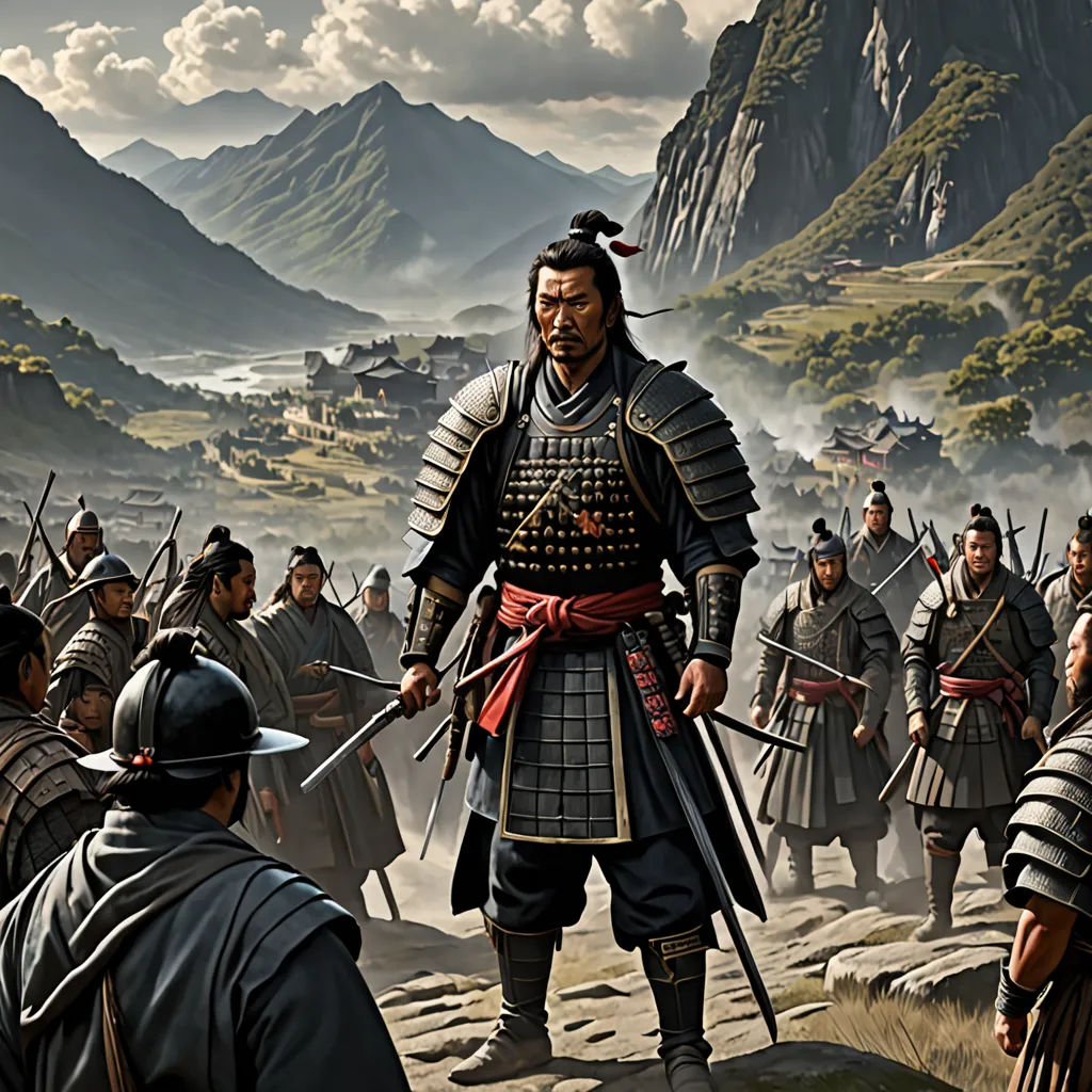 a painting of a group of men in armor standing next to each other on a mountain side with a mountain in the background, dau-al-set, a detailed matte painting, Baiōken Eishun, weta digital