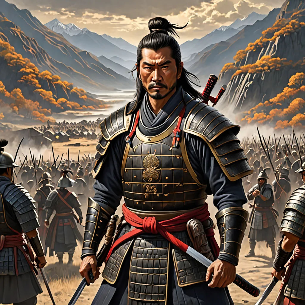 a painting of a man in a japanese armor with two swords in his hand and a group of men in the background, fantasy art, a detailed matte painting, Emperor Huizong of Song, highly detailed digital painting