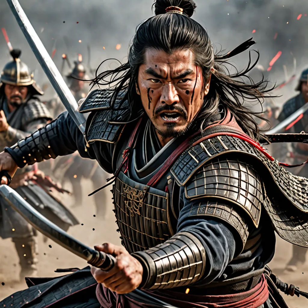 a man in a warrior outfit holding a sword and a sword in his hand with other men in the background, dau-al-set, a detailed matte painting, Emperor Huizong of Song, movie still