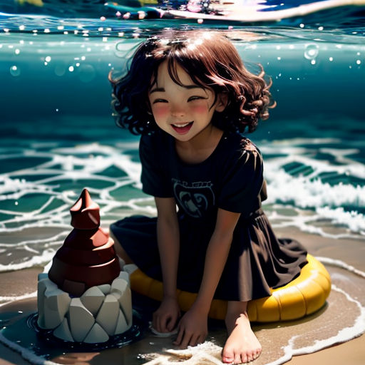 a little girl sitting on a surfboard next to a cake on the beach under water with a wave coming in