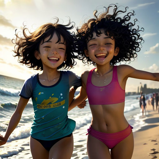 two young girls are running on the beach together, with the sun shining through the clouds behind them and the water behind them