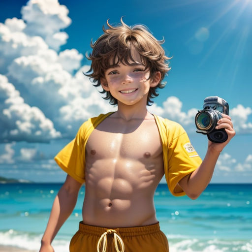 a boy with a camera on the beach with a sky background and sun shining on him and his shirtless torso