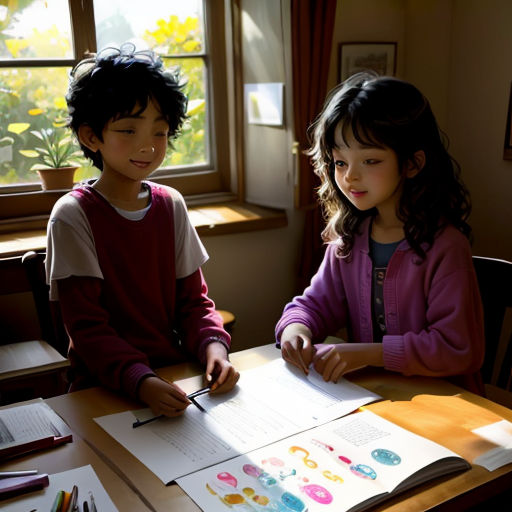 two children sitting at a table with papers and pens on it, and a window behind them, with a potted plant in the window