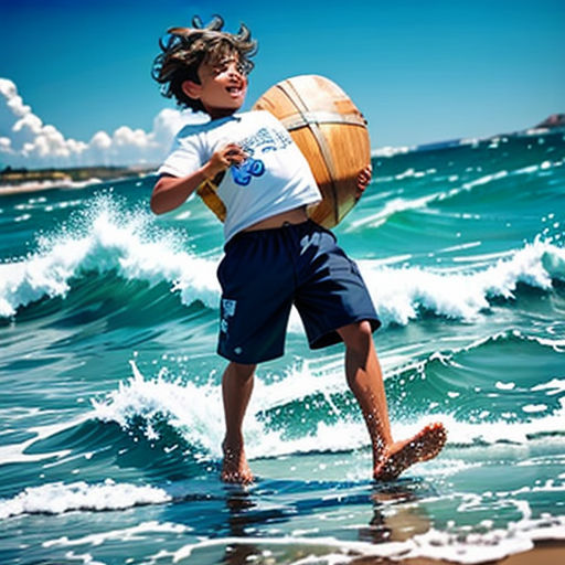 a young boy is playing in the ocean with a surfboard and a ball on his back legs,