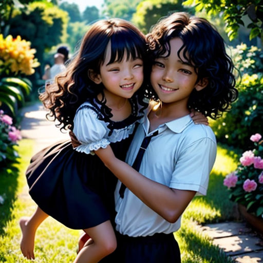 two young girls hugging each other in a garden with flowers and trees in the background, one girl is wearing a white shirt and the other girl is wearing a black