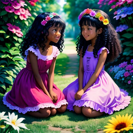 two young girls sitting on the ground in front of flowers and a path with flowers on it, both wearing dresses