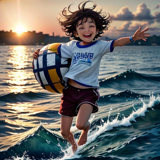 a young boy is running through the water with a ball in his hand and a smile on his face