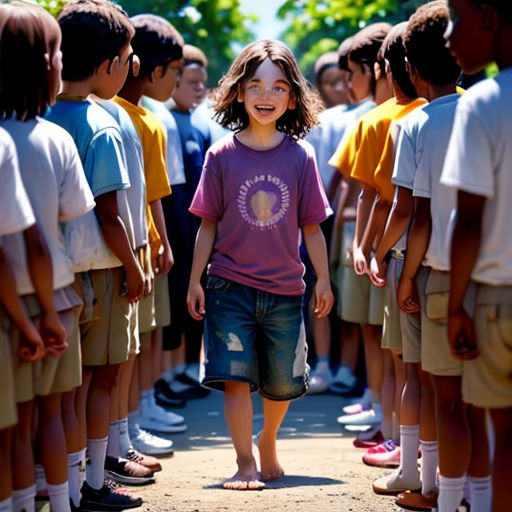 a young girl standing in front of a group of children in shorts and t - shirts, all smiling