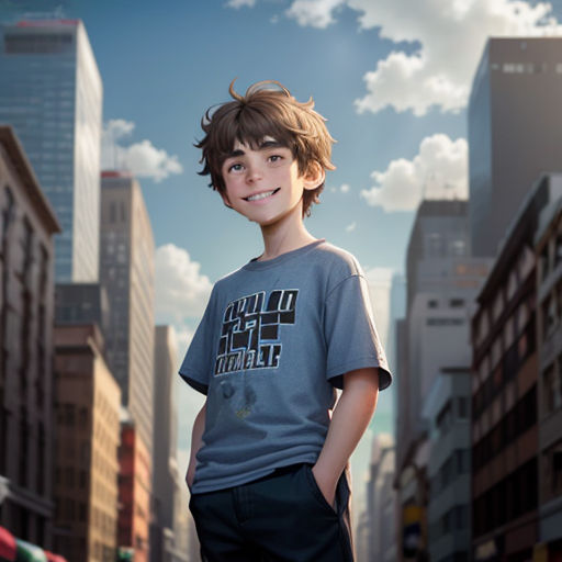 a boy standing in the middle of a city street with buildings in the background and a sky background with clouds