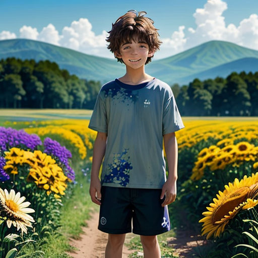 a boy standing in a field of sunflowers with mountains in the background and a blue sky with clouds