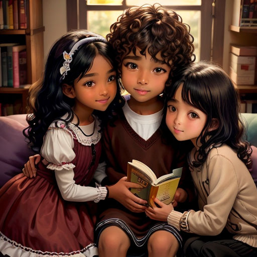 three children sitting on a couch reading a book together, with a window in the background and bookshelves in the foreground