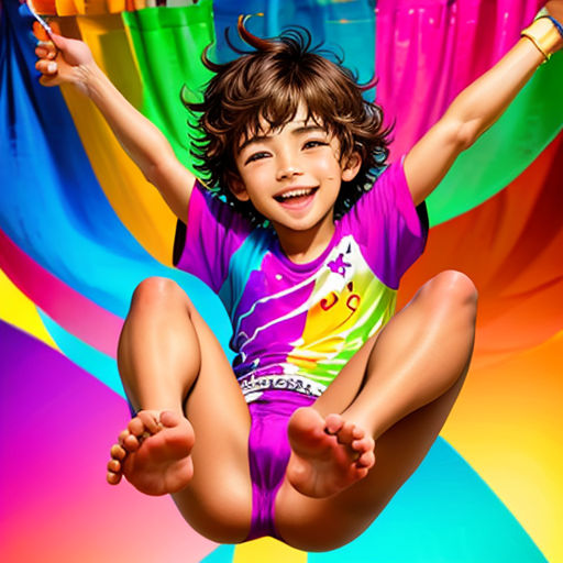 a child is jumping in the air with a colorful background behind her and a rainbow curtain behind her and a rainbow background behind her