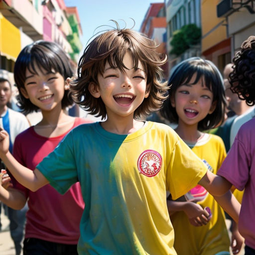 a group of children standing next to each other on a street with buildings in the background and a boy in the foreground
